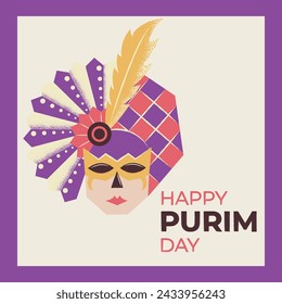 Happy Purim greeting card with carnival mask. Brightly colored masquerade mask in vintage style. Flat vector illustration.