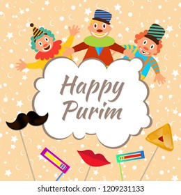 Happy Purim greeting card design with funny jesters and party props on star abstract decorated background for Jewish Holiday celebration.