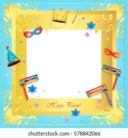 Happy Purim greeting card frame. Purim Jewish Holiday poster with toy grogger noisemaker, carnival mask, crown, symbols on festive confetti background. Festive Carnival Decoration Vector Holiday frame