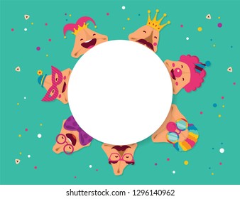 Happy purim greeting card with funny hamantashen- palce for your text- vector illustration