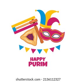 Happy Purim greeting card with grogger, hamantash pastry and carnival mask icon vector. Happy Jewish holiday Purim design element isolated on a white background. Important day