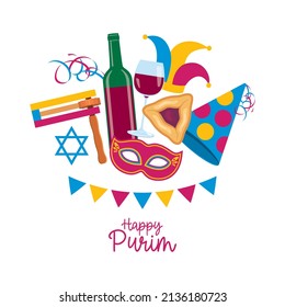 Happy Purim greeting card with grogger, hamantash pastry, red wine and carnival mask icon vector. Happy Jewish holiday Purim design element isolated on a white background. Important day