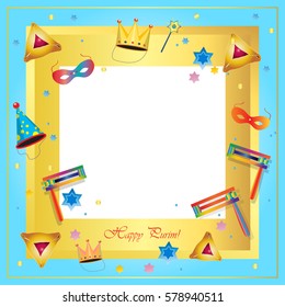 Happy Purim greeting card. Purim Jewish Holiday poster with star David of traditional hamantaschen cookies, toy grogger noisemaker on confetti background. Festive Vector Holiday frame decoration