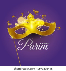 Fröhliche Purim Grußkarte, Poster, Einladung. Purim jüdischer Feiertag, Karneval. Gold, glänzende Maske auf schwarzem Hintergrund. Vektorillustration