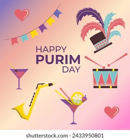 Happy purim greeting card. Traditional Jewish holiday. Flat vector illustration.