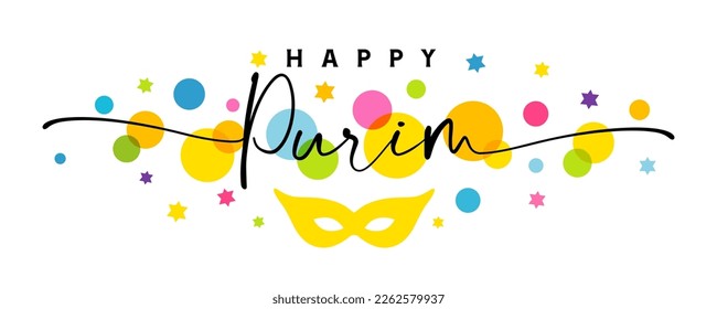 Happy Purim greetings card with elegant lettering and colored David stars. Chag Purim Sameach, traditional jewish holiday. Vector illustration