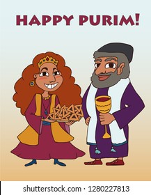 happy purim greetings, funny vector cartoon of Mordecai and Queen Esther