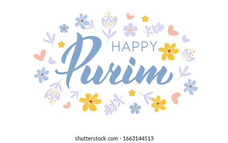 Happy Purim hand drawn lettering text. Jewish Holiday greeting card. Blue modern calligraphy with flat flowers.  Vector illustration isolated on white