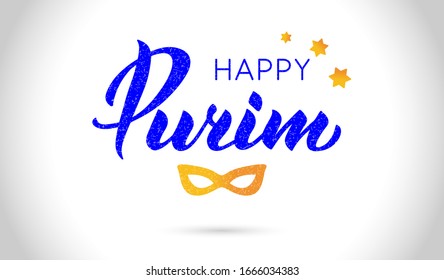 Happy Purim hand drawn lettering text. Jewish Holiday greeting card. Modern brush ink calligraphy. Typography design for card, poster, logo. Vector illustration with carnival mask and stars isolated.