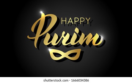 Happy Purim hand drawn lettering text. Jewish Holiday greeting card. Gold text on black background. Typography design for card, poster, logo. Vector illustration with carnival mask. EPS 10