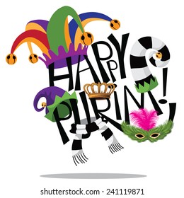 Happy Purim hand drawn lettering EPS 10 vector illustration. With jester's hat, scarves, hats, crown, mask, festive design. Purim headline, Purim design, Purim holiday web page, social media post.