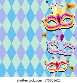 Happy Purim (Hebrew )Carnival banner with flat sticker icons set. Masquerade Concept.