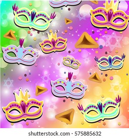 Happy Purim (Hebrew )Carnival banner with flat sticker icons set. Masquerade Concept.