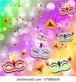 Happy Purim (Hebrew )Carnival banner with flat sticker icons set. Masquerade Concept.