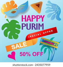 Happy Purim - hebrew text Jewish Holiday Sale Post story banners template set traditional symbols noisemaker grogger gragger, hamantaschen cookies, crown, star of david, festival decoration carnival