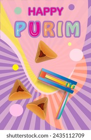 Happy Purim - Hebrew text Jewish Holiday Sale Post story banners template set traditional symbols noisemaker grogger gragger, hamantaschen cookies, crown, star of david, festival decoration carnival