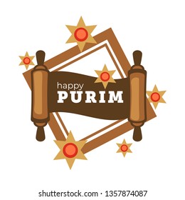 Happy purim holiday celebration of event in jewish people life vector isolated old paper banner with text and star-shaped objects shaped in form of star judaism flat style cultural heritage poster
