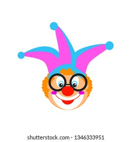 Happy Purim Holiday festival decoration. Funny clown mask icon isolated kids party, birthday, carnival illustration