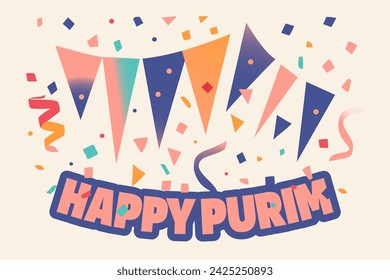 Happy Purim holiday frame with carnival items, traditional Jewish items and Lettering for Happy Purim. 