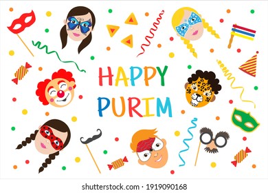 Happy Purim holiday greeting banner. Children with painted faces wearing carnival masks