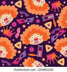 Happy Purim - holiday  jewish carnival  template seamless pattern  Carnival mask, Hamantashen, confetti, clown, garland, crown, firework  Vector festive design illustration - Shutterstock ID 2256851233
