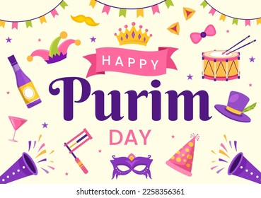 Happy Purim Illustration with Carnival Masks, Jewish Holiday and Funfair in Flat Cartoon Hand Drawn for Web Banner or Landing Page Templates