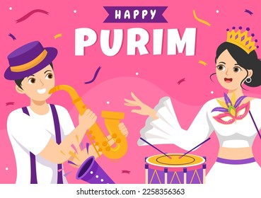 Happy Purim Illustration with Carnival Masks, Jewish Holiday and Funfair in Flat Cartoon Hand Drawn for Web Banner or Landing Page Templates