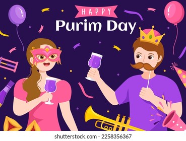Happy Purim Illustration with Carnival Masks, Jewish Holiday and Funfair in Flat Cartoon Hand Drawn for Web Banner or Landing Page Templates