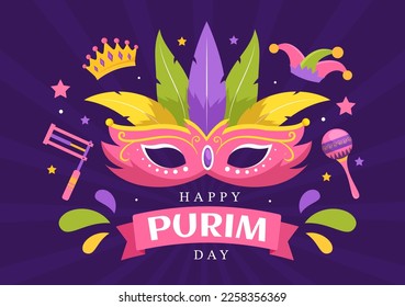 Happy Purim Illustration with Carnival Masks, Jewish Holiday and Funfair in Flat Cartoon Hand Drawn for Web Banner or Landing Page Templates