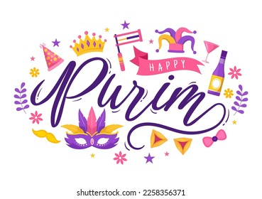 Happy Purim Illustration with Carnival Masks, Jewish Holiday and Funfair in Flat Cartoon Hand Drawn for Web Banner or Landing Page Templates