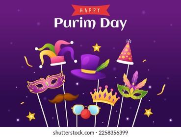 Feliz purim Ilustración con máscaras de carnaval, festividades judías y feria a mano de caricatura plana dibujada para pancarta web o plantillas de páginas de aterrizaje