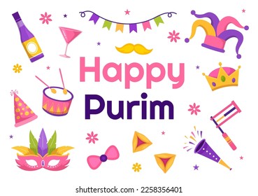 Happy Purim Illustration with Carnival Masks, Jewish Holiday and Funfair in Flat Cartoon Hand Drawn for Web Banner or Landing Page Templates