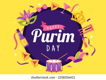 Happy Purim Illustration with Carnival Masks, Jewish Holiday and Funfair in Flat Cartoon Hand Drawn for Web Banner or Landing Page Templates