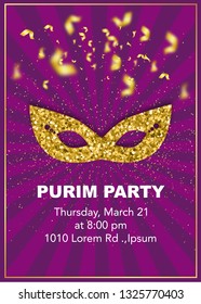 Happy Purim, jewish celebration party invitation. Carnival mask made of gold glitter, flying confetti and text on starburst purple background. 