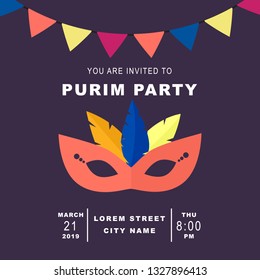 Happy Purim, jewish celebration party invitation concept. Masquerade background with mask, garland, flat graphic design elements coloured with trendy colors of the year and text. 