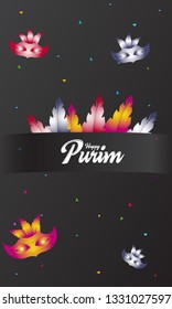 Happy Purim, jewish celebration party invitation (Happy Purim in Hebrew). Carnival mask and glitter background. - Vector