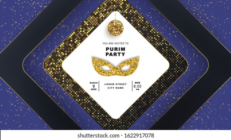 Happy Purim, jewish celebration party invitation. Carnival mask made of gold glitter, sparkles and calligraphic text on trendy classic blue background, vector illustration. Graphic design elements.