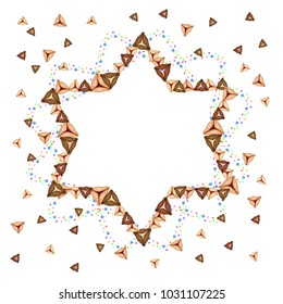Happy Purim with jewish cookies hamantaschen doodle hand draw with Star of David and area for text. 