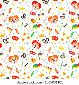 Happy Purim Jewish festival endless background, texture, wallpaper. seamless pattern with carnival elements