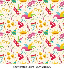 Happy Purim Jewish festival endless background. vector seamless pattern set with carnival elements