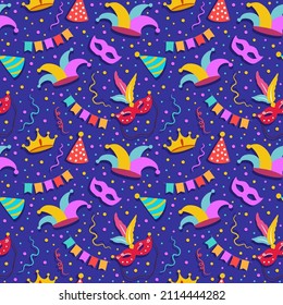 Happy Purim Jewish festival endless background. vector seamless pattern set with carnival elements