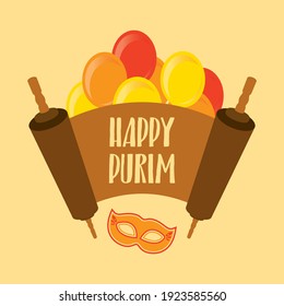 Happy Purim Jewish funny holiday vector. Carnival balloons, mask and torah vector. Funny Jewish carnival holiday vector. Important day