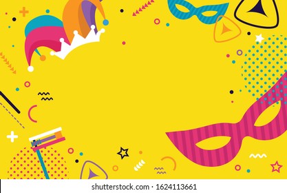 Happy Purim. jewish holiday background and Carnival funfair banner with Carnival masks and traditional Jewish items. abstract memphis background