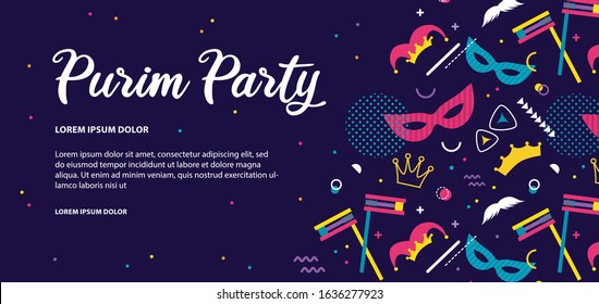Happy Purim. Jewish holiday background and Carnival funfair banner with Carnival masks and traditional Jewish items. happy Purim in Hebrew .