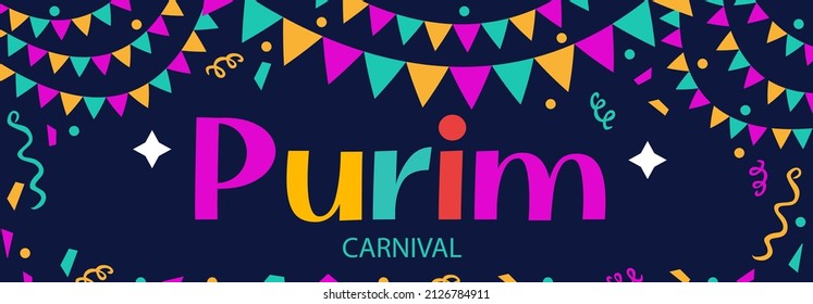 Happy Purim. Jewish holiday background and Carnival funfair banner with Carnival masks and traditional Jewish items. Vector illustration