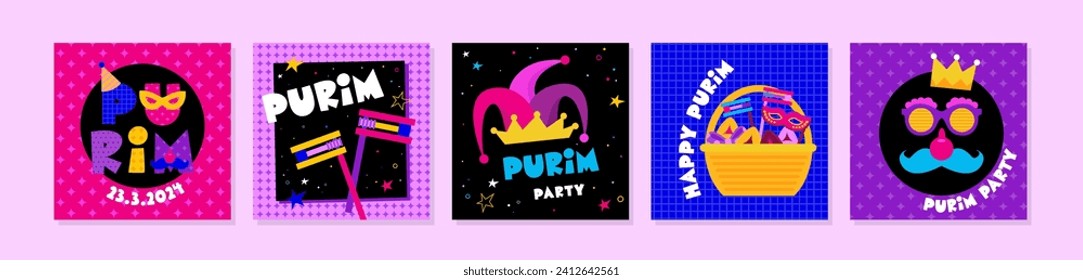 Happy Purim. Jewish holiday background and carnival funfair cards with Carnival masks and traditional Jewish items. happy Purim in Hebrew