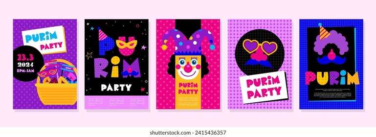 Happy Purim. Jewish holiday background and carnival funfair cards with Carnival masks and traditional Jewish items. happy Purim in Hebrew