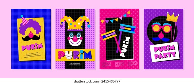 Happy Purim. Jewish holiday background and carnival funfair cards with Carnival masks and traditional Jewish items. Purim party invitations and cards