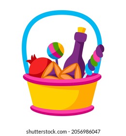 Happy Purim Jewish holiday basket. Traditional carnival symbols.