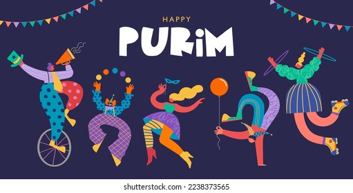 Happy Purim - Jewish holiday, Carnival. Colorful geometric background with abstract people, clowns, musicians, dancers